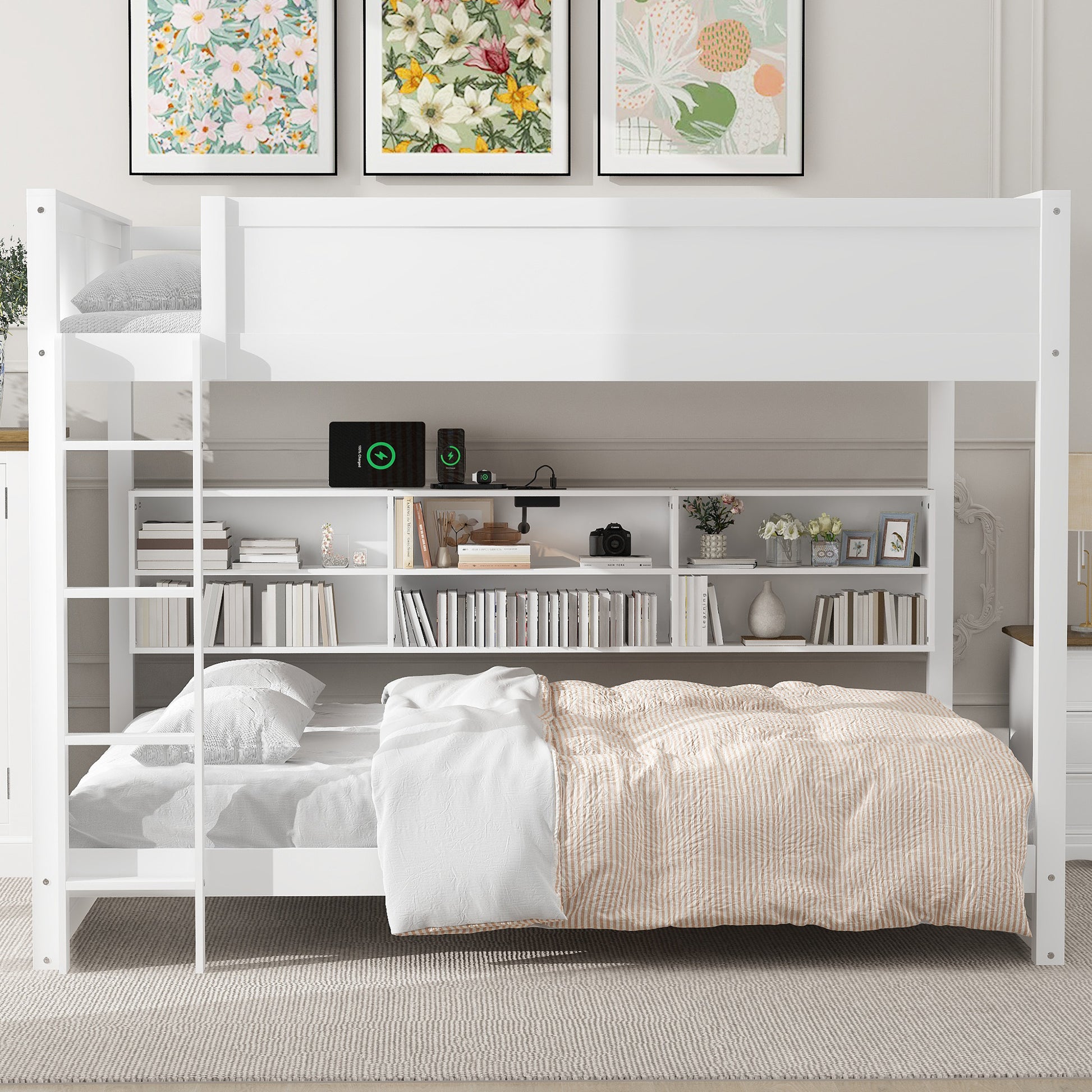 Queen Bunk Beds with Storage - White Solid Wood