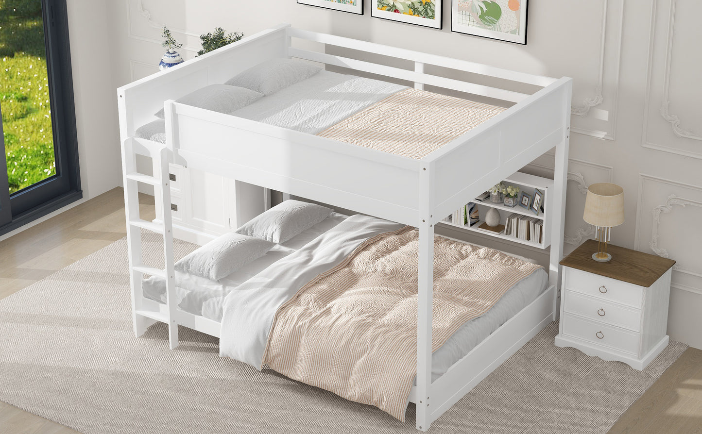 Queen Bunk Beds with Storage - White Solid Wood
