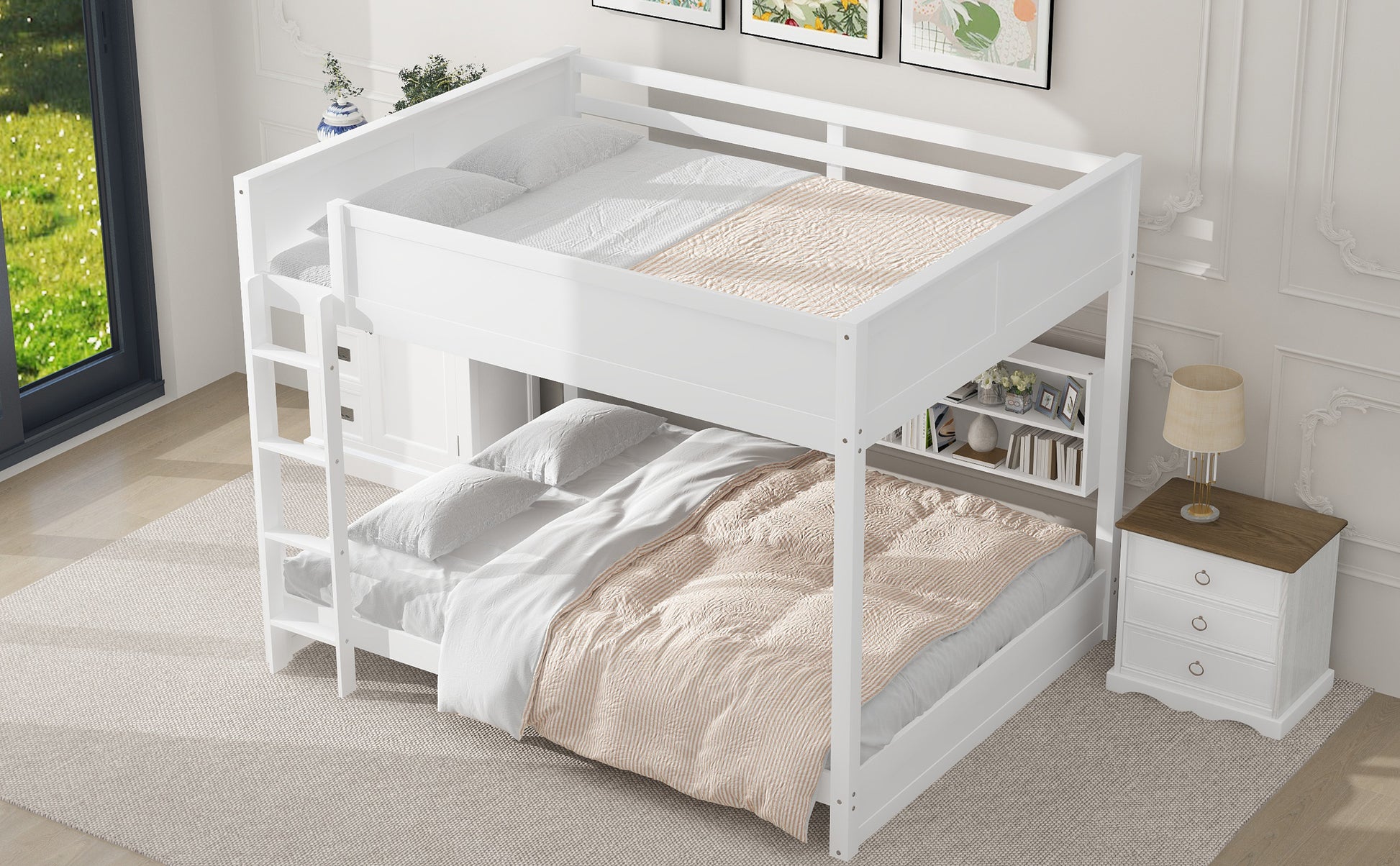 Queen Bunk Beds with Storage - White Solid Wood