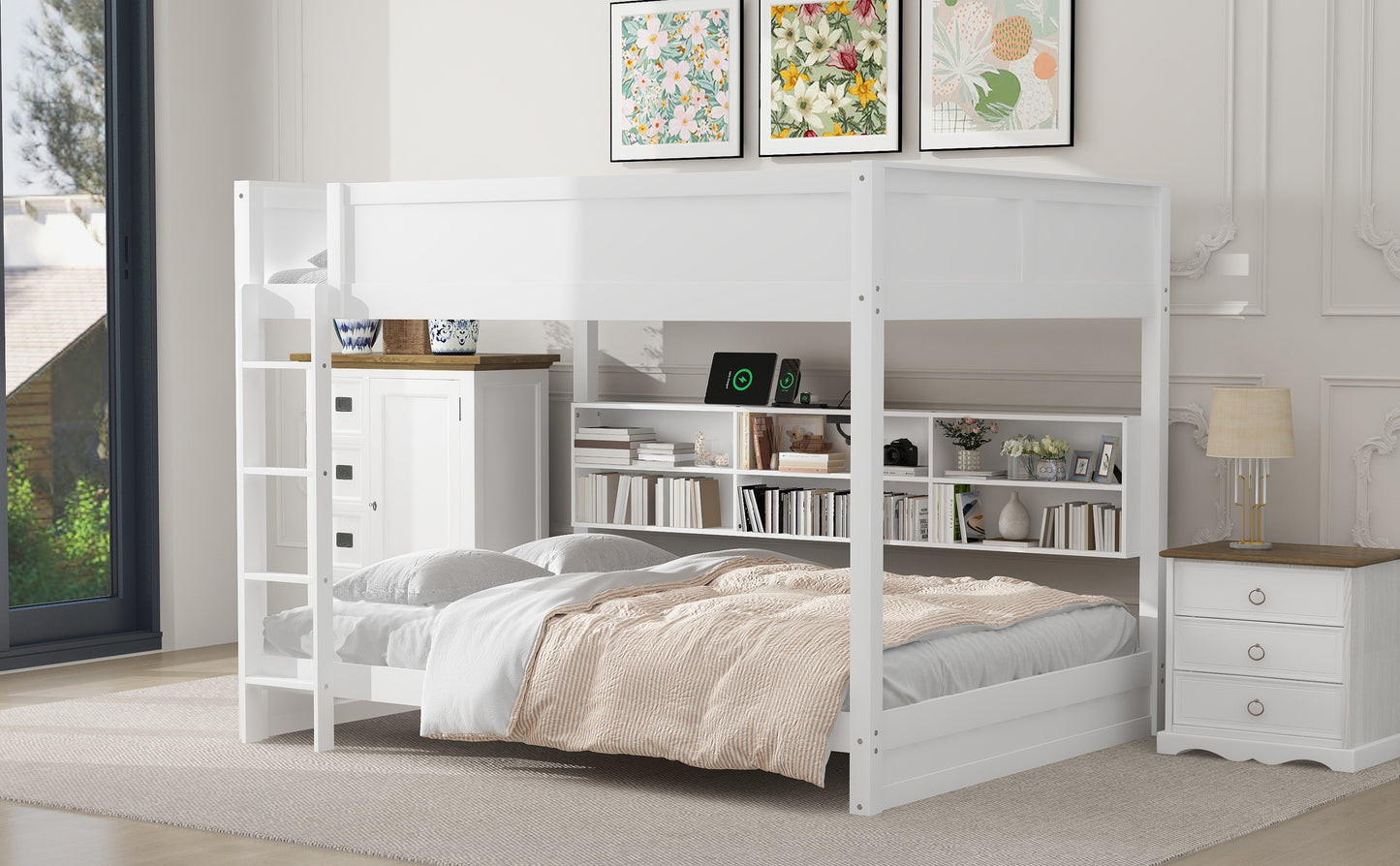 Queen Bunk Beds with Storage - White Solid Wood