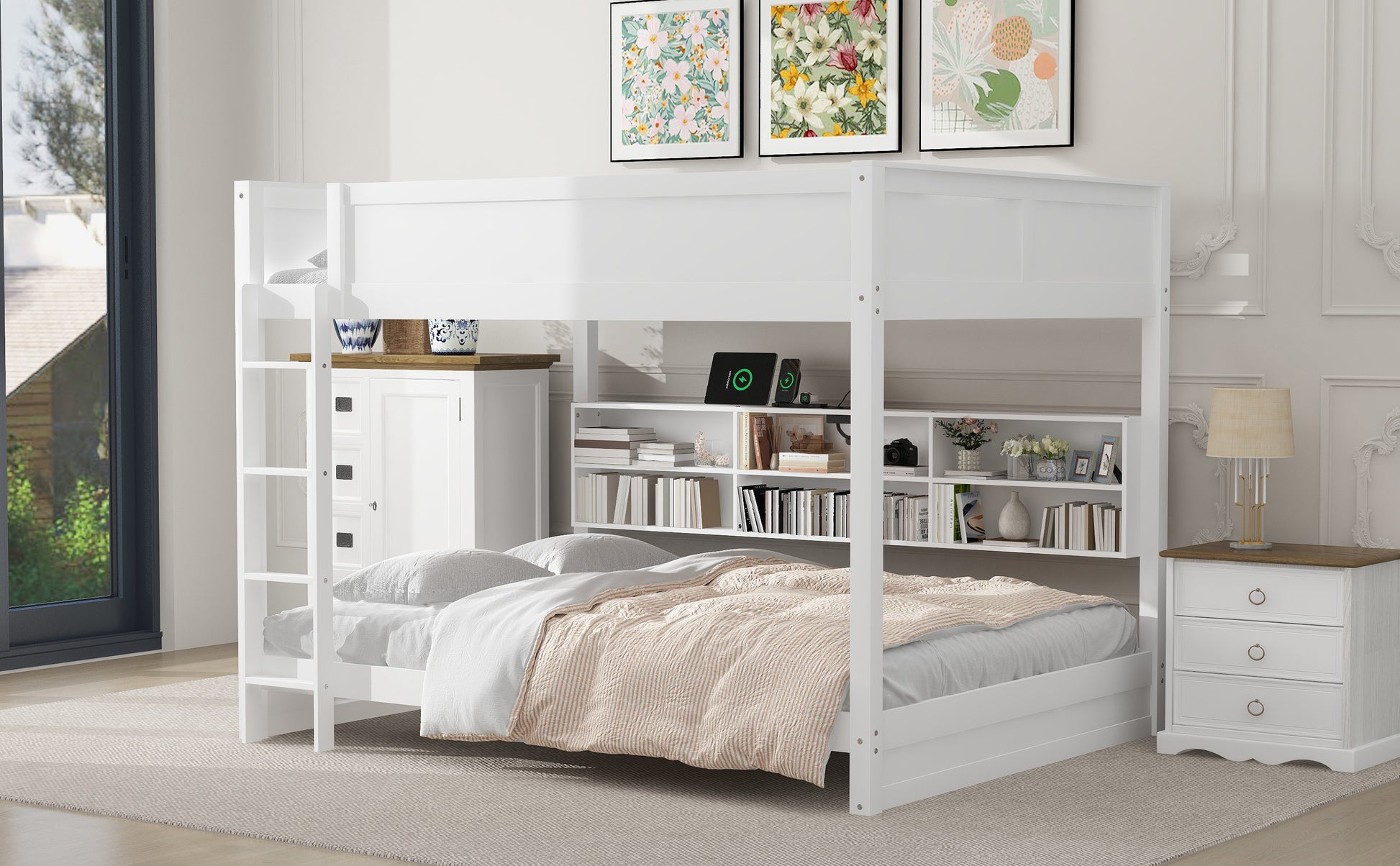 Queen Bunk Beds with Storage - White Solid Wood