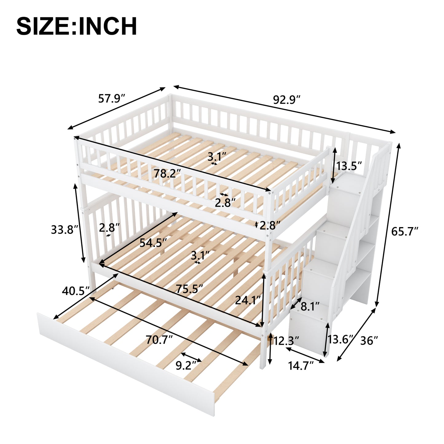 Full Over Full Bunk Bed - White Pine Frame for Bedroom
