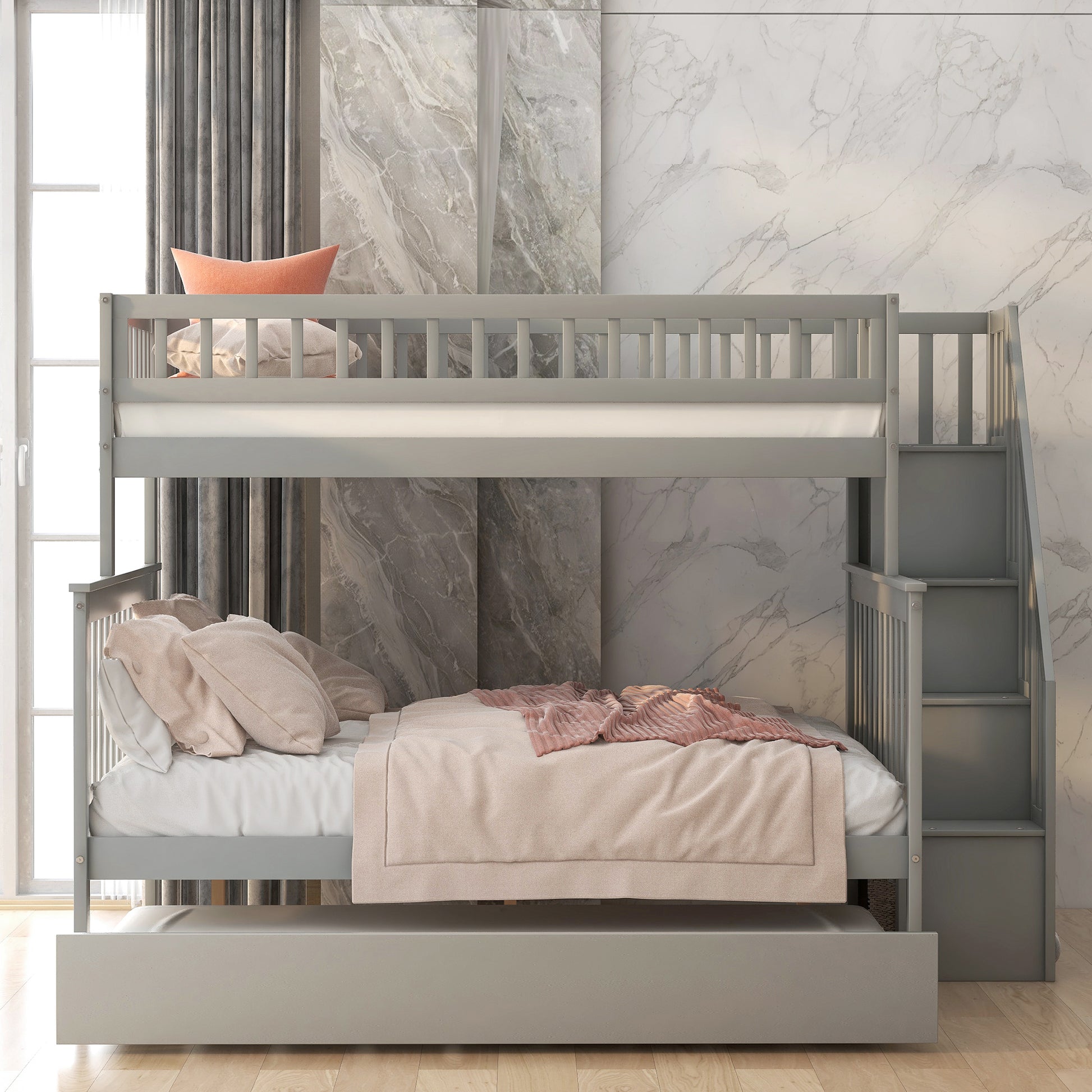 Twin Over Full Bunk Bed with Trundle - Gray Pine for Bedroom