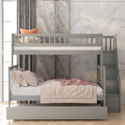 Twin Over Full Bunk Bed with Trundle - Gray Pine for Bedroom