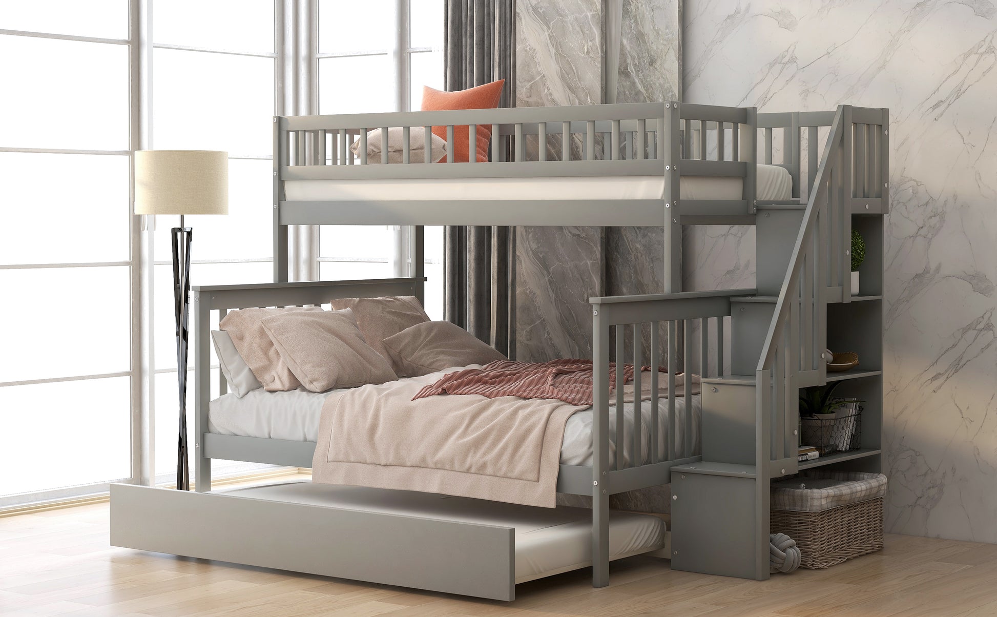 Twin Over Full Bunk Bed with Trundle - Gray Pine for Bedroom