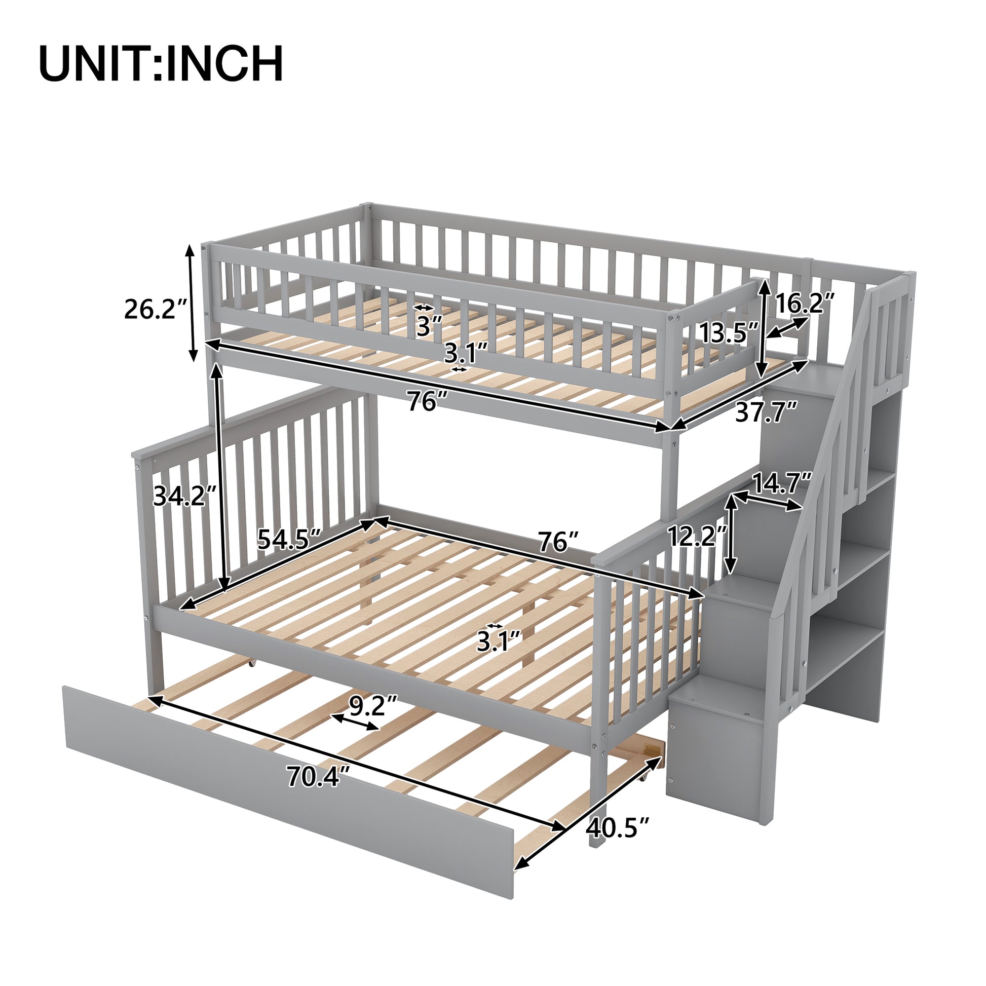 Twin Over Full Bunk Bed with Trundle - Gray Pine for Bedroom