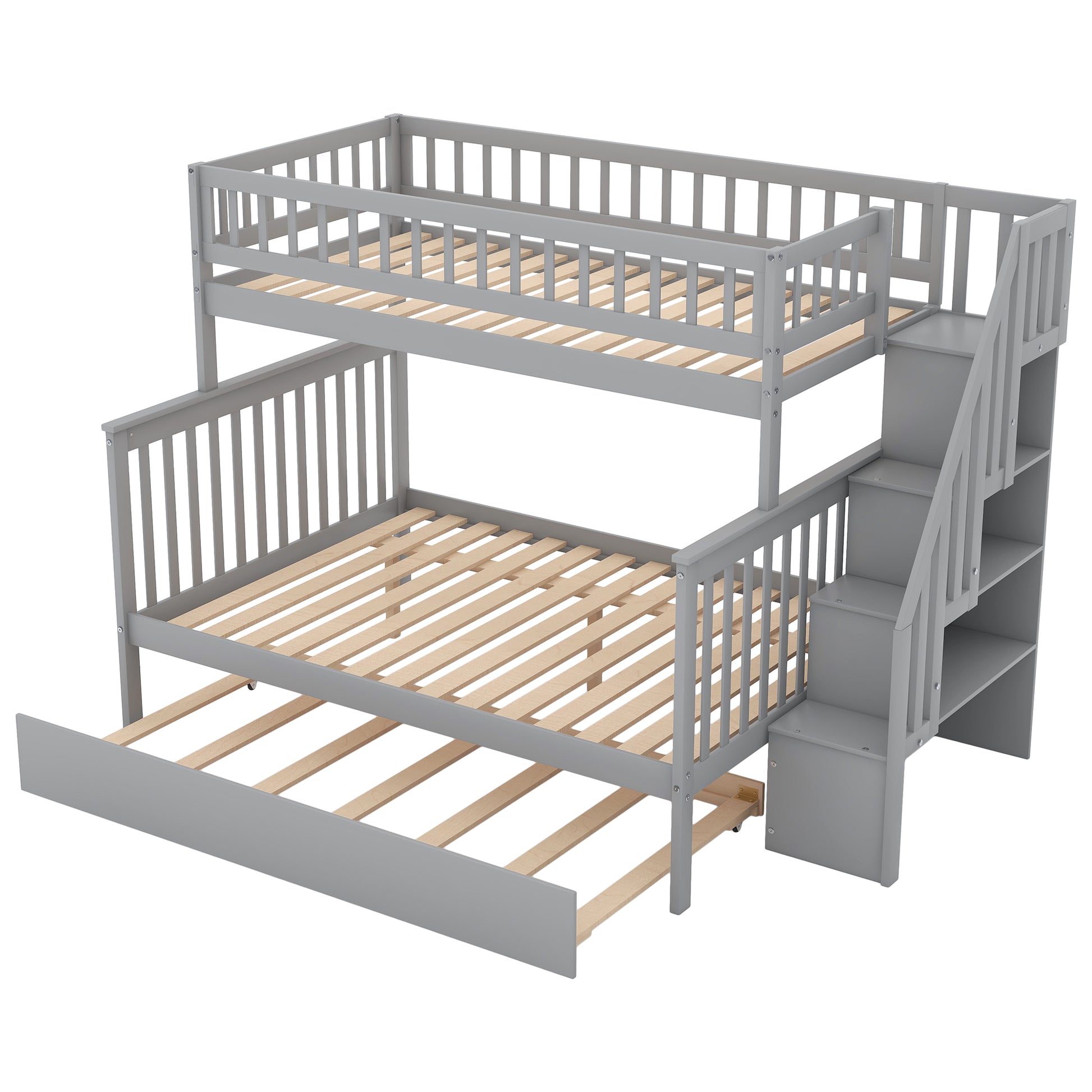 Twin Over Full Bunk Bed with Trundle - Gray Pine for Bedroom