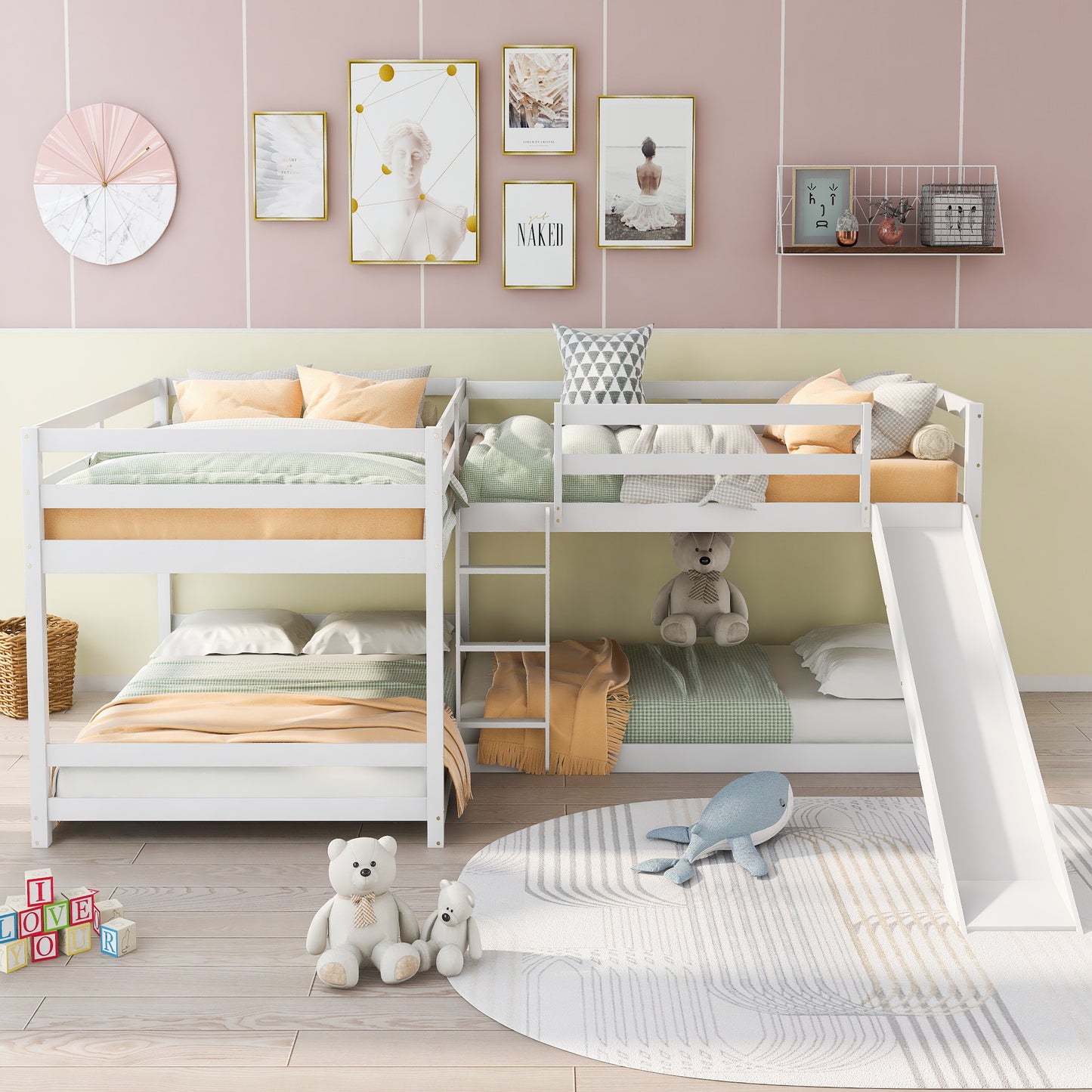 Pine L-Shaped Bunk Bed with Storage for Twin and Full Size for Bedroom