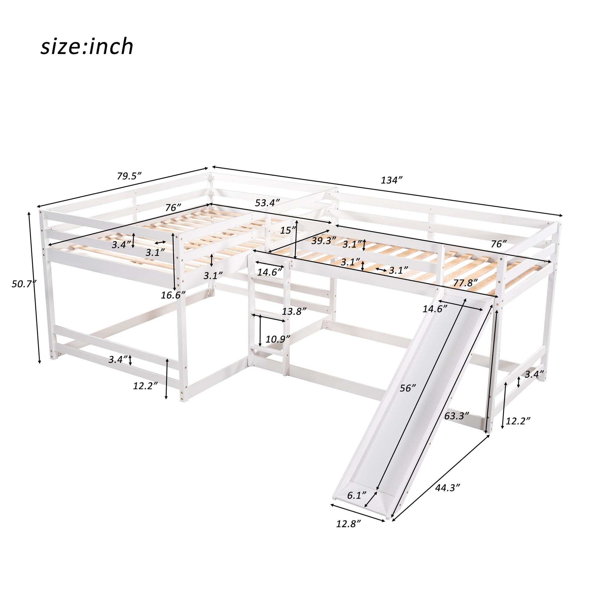 Pine L-Shaped Bunk Bed with Storage for Twin and Full Size for Bedroom