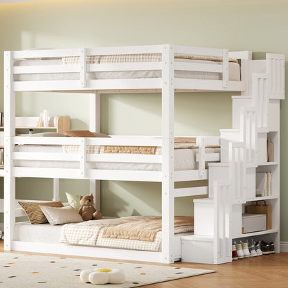 Full Size Triple Bunk Bed with Storage Staircase,Separate Design,White