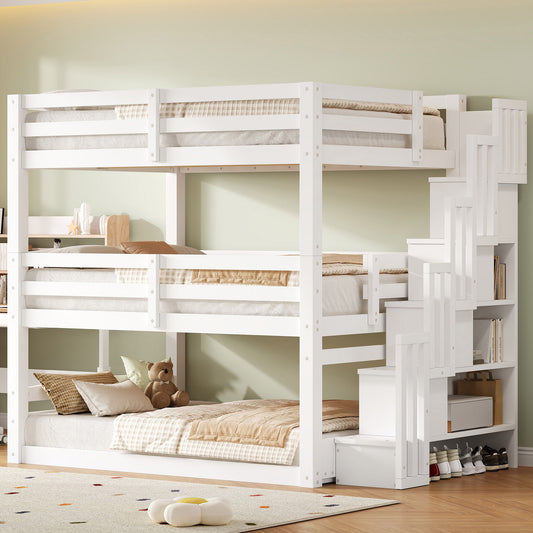Full Size Triple Bunk Bed with Storage Staircase,Separate Design,White