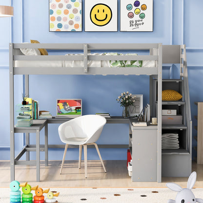 Full Size Gray Pine Loft Bed with Storage