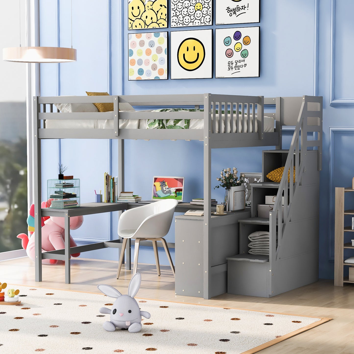 Full Size Gray Pine Loft Bed with Storage