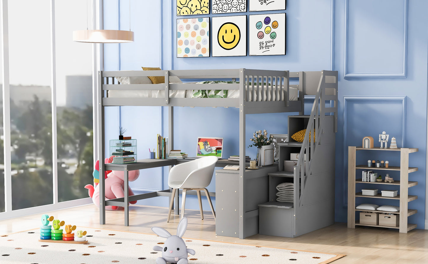 Full Size Gray Pine Loft Bed with Storage