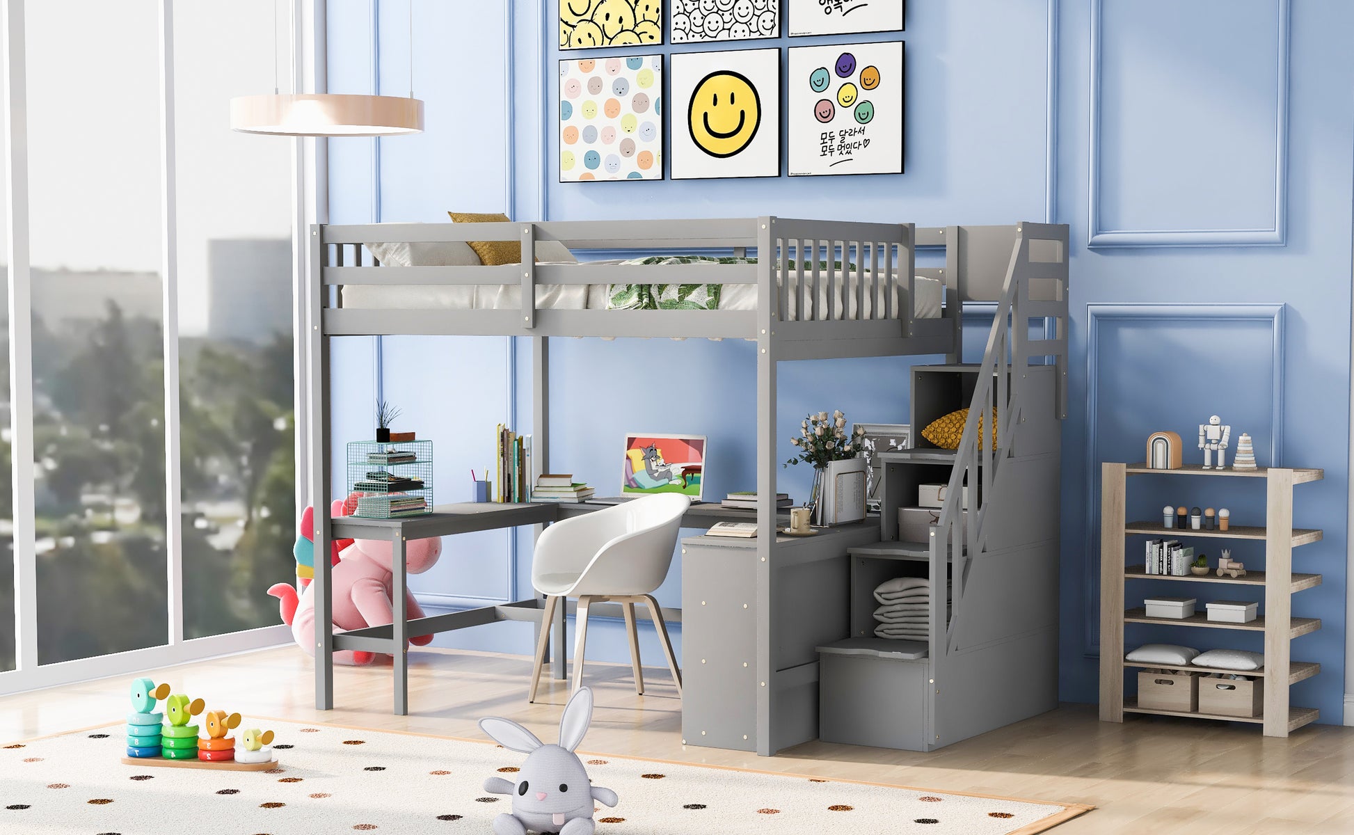 Full Size Gray Pine Loft Bed with Storage