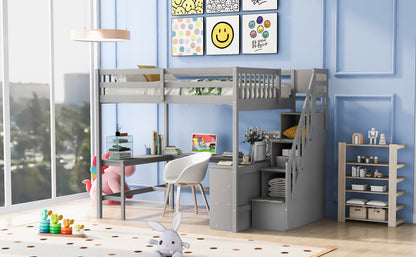 Full Size Gray Pine Loft Bed with Storage