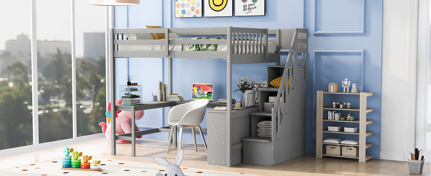 Full Size Gray Pine Loft Bed with Storage