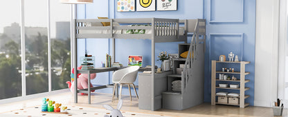 Full Size Gray Pine Loft Bed with Storage