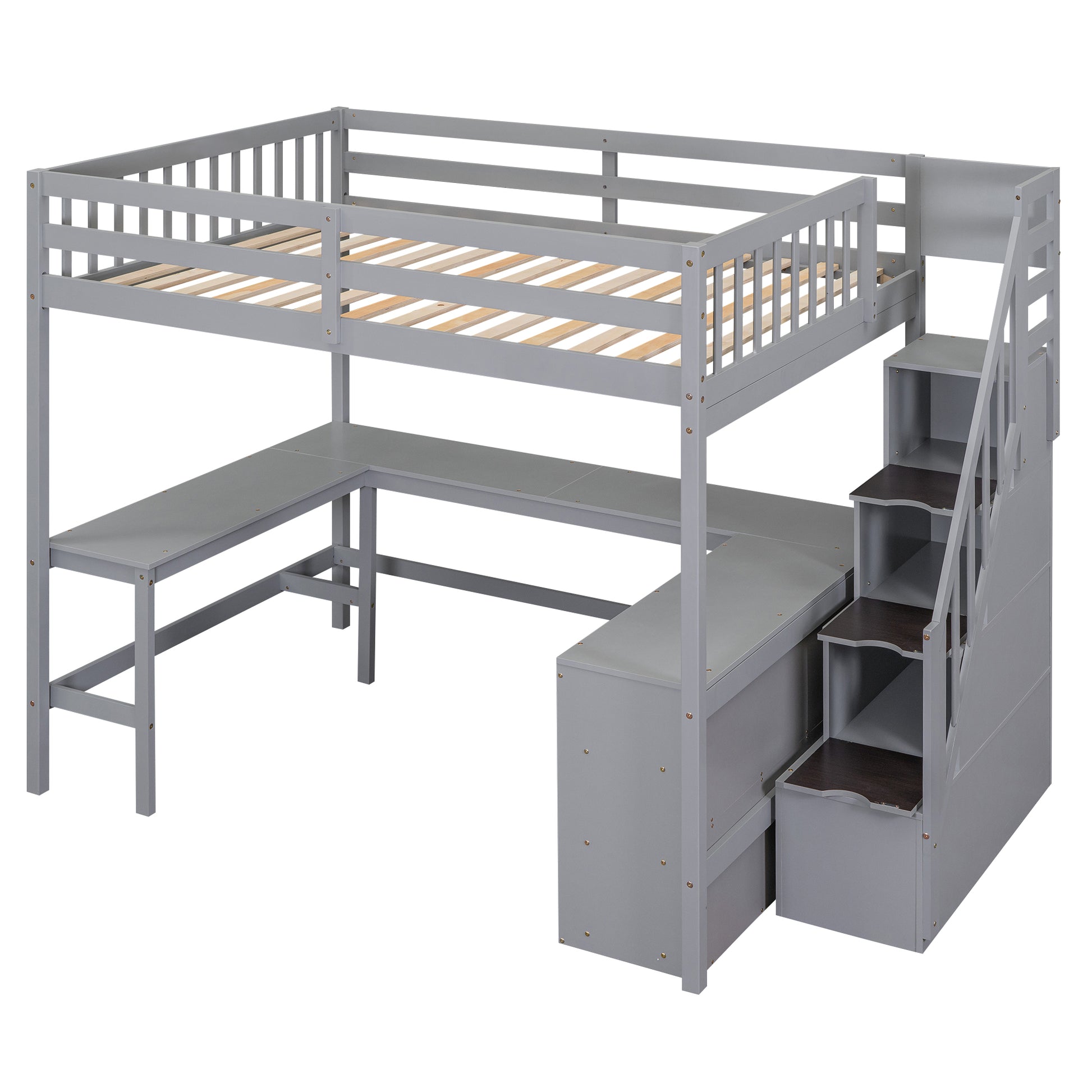 Full Size Gray Pine Loft Bed with Storage