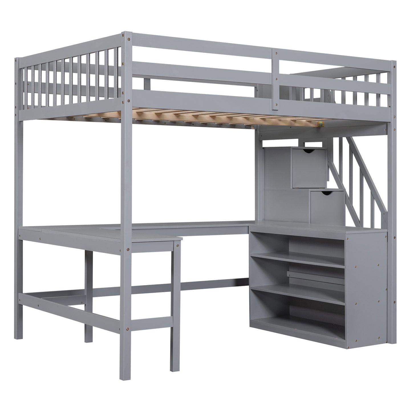 Full Size Gray Pine Loft Bed with Storage