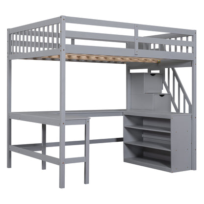 Full Size Gray Pine Loft Bed with Storage