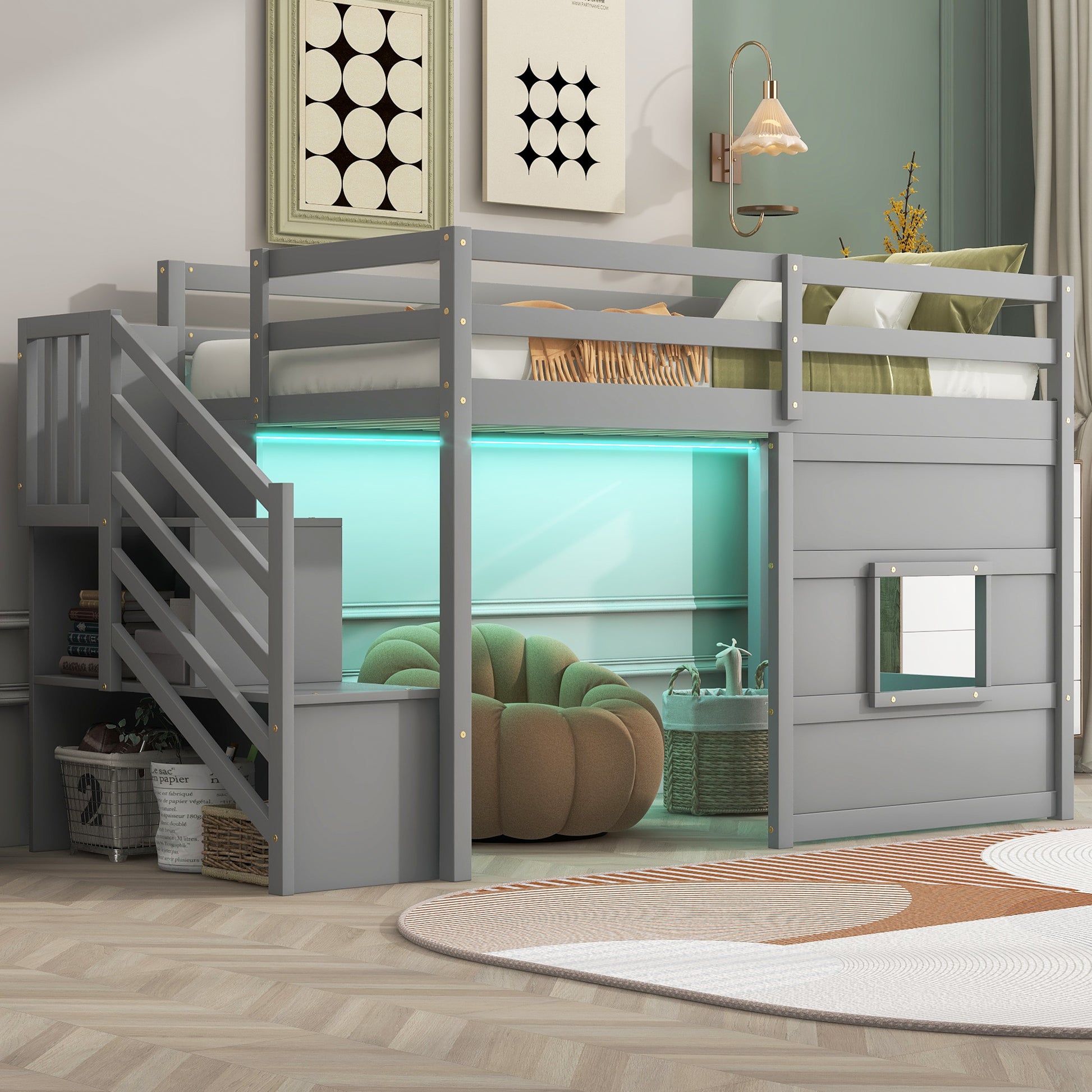 Twin Wood Loft Bed with Storage Staircase and LED Light in Gray for Bedroom
