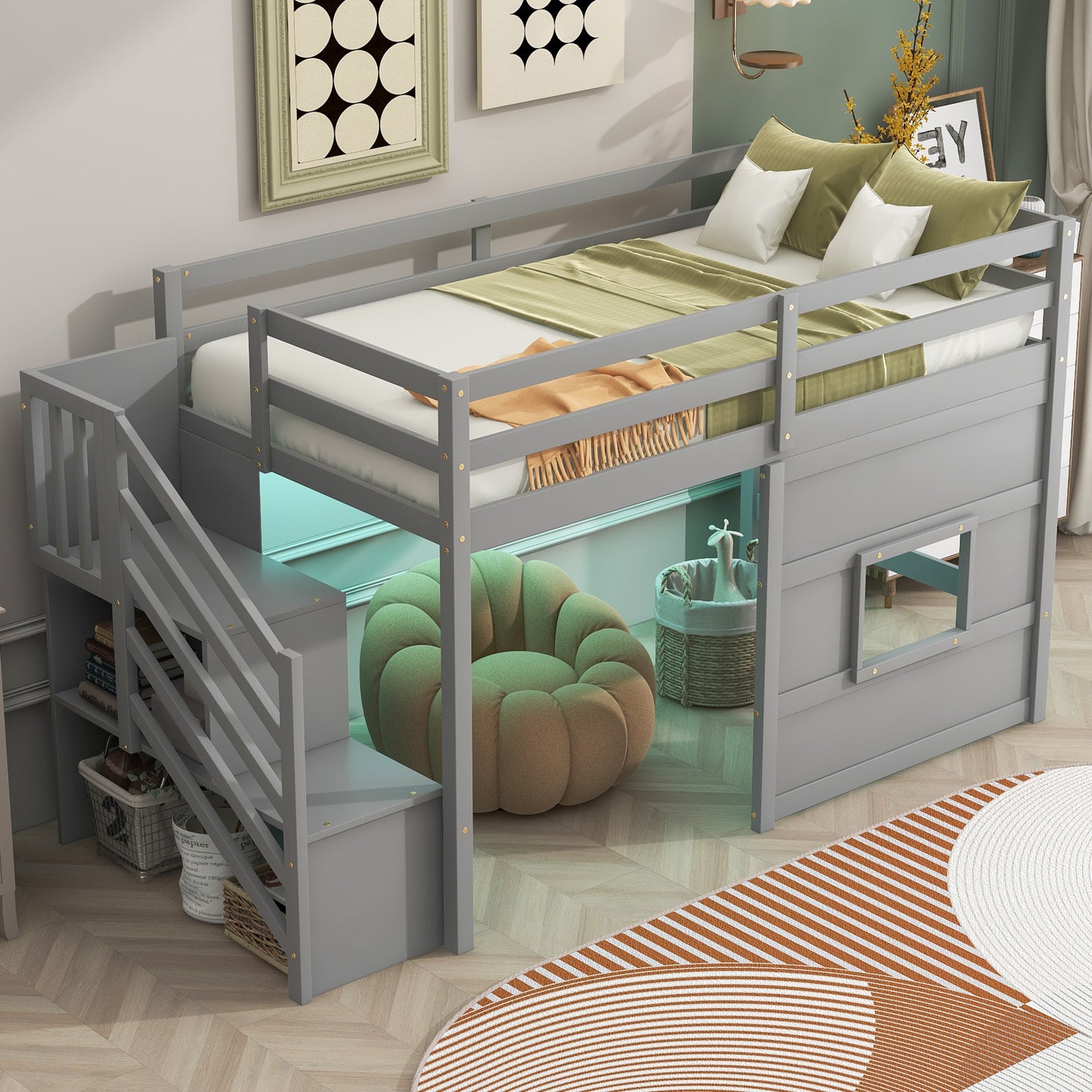 Twin Wood Loft Bed with Storage Staircase and LED Light in Gray for Bedroom