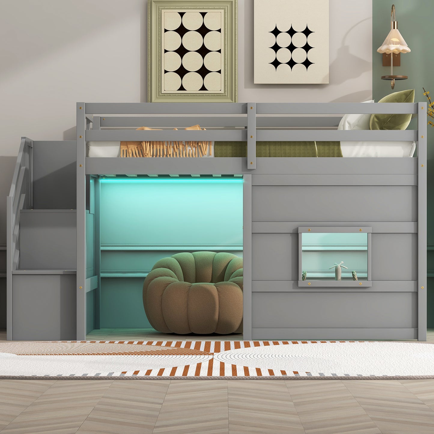 Twin Wood Loft Bed with Storage Staircase and LED Light in Gray for Bedroom