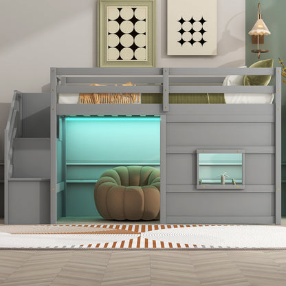 Twin Wood Loft Bed with Storage Staircase and LED Light in Gray for Bedroom