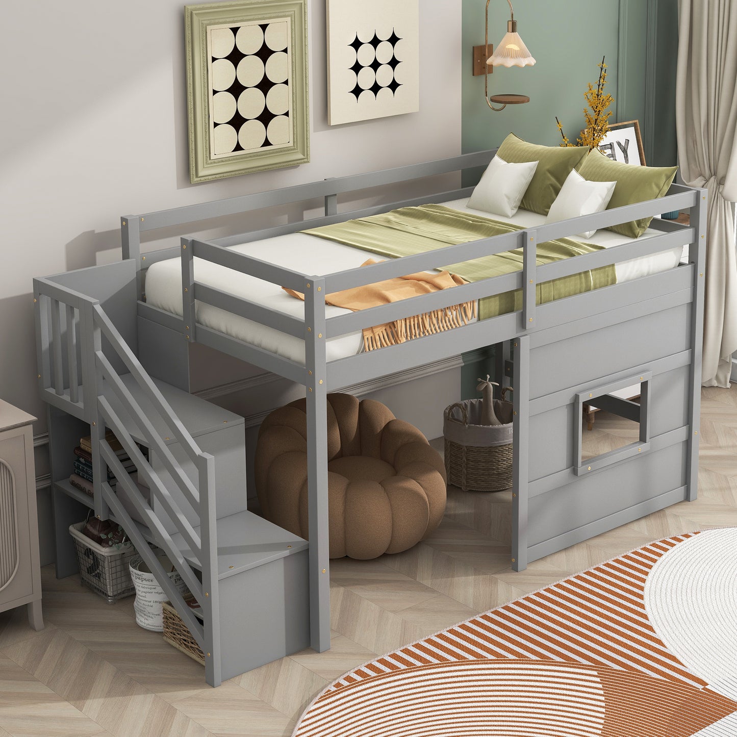 Twin Wood Loft Bed with Storage Staircase and LED Light in Gray for Bedroom