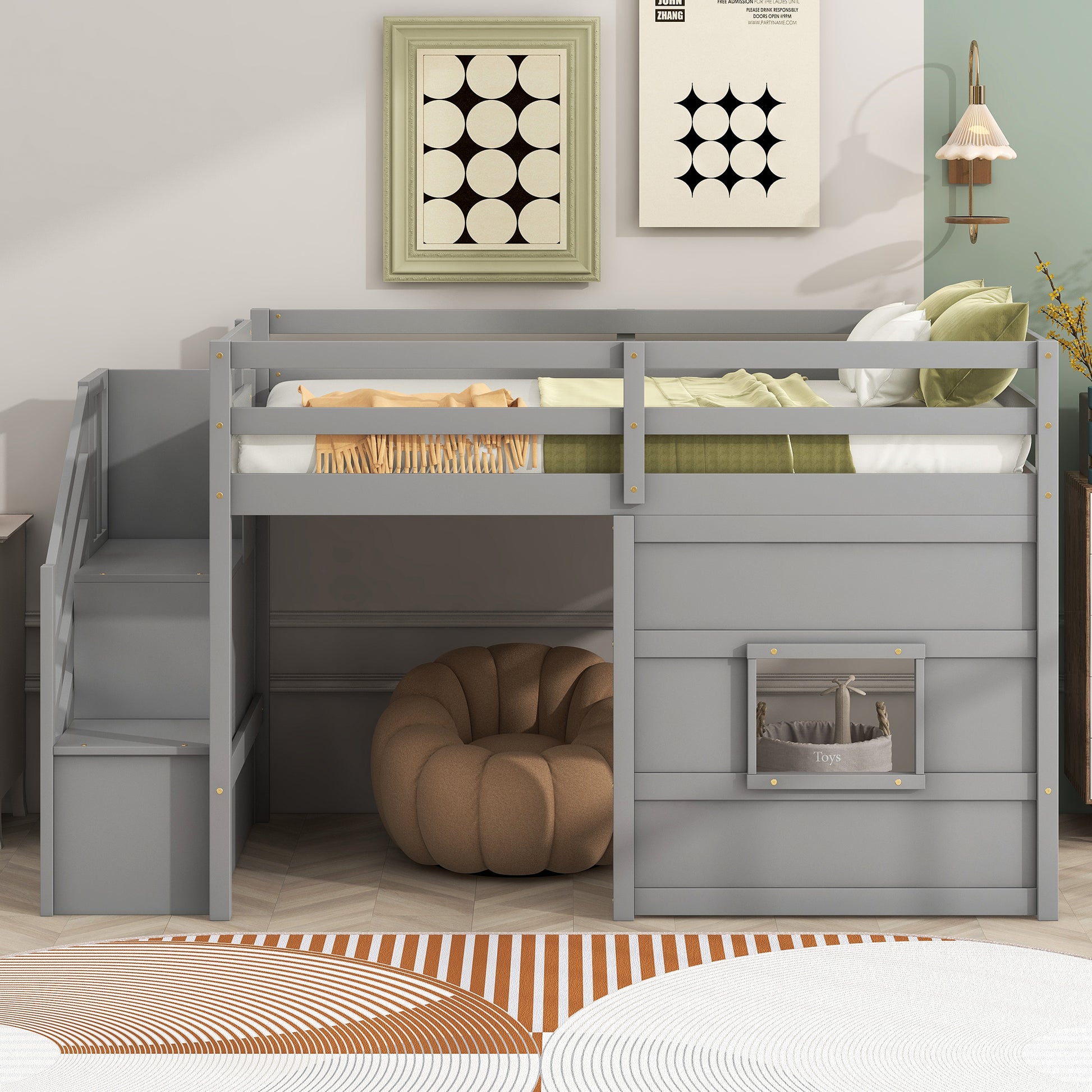 Twin Wood Loft Bed with Storage Staircase and LED Light in Gray for Bedroom