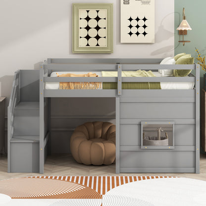 Twin Wood Loft Bed with Storage Staircase and LED Light in Gray for Bedroom