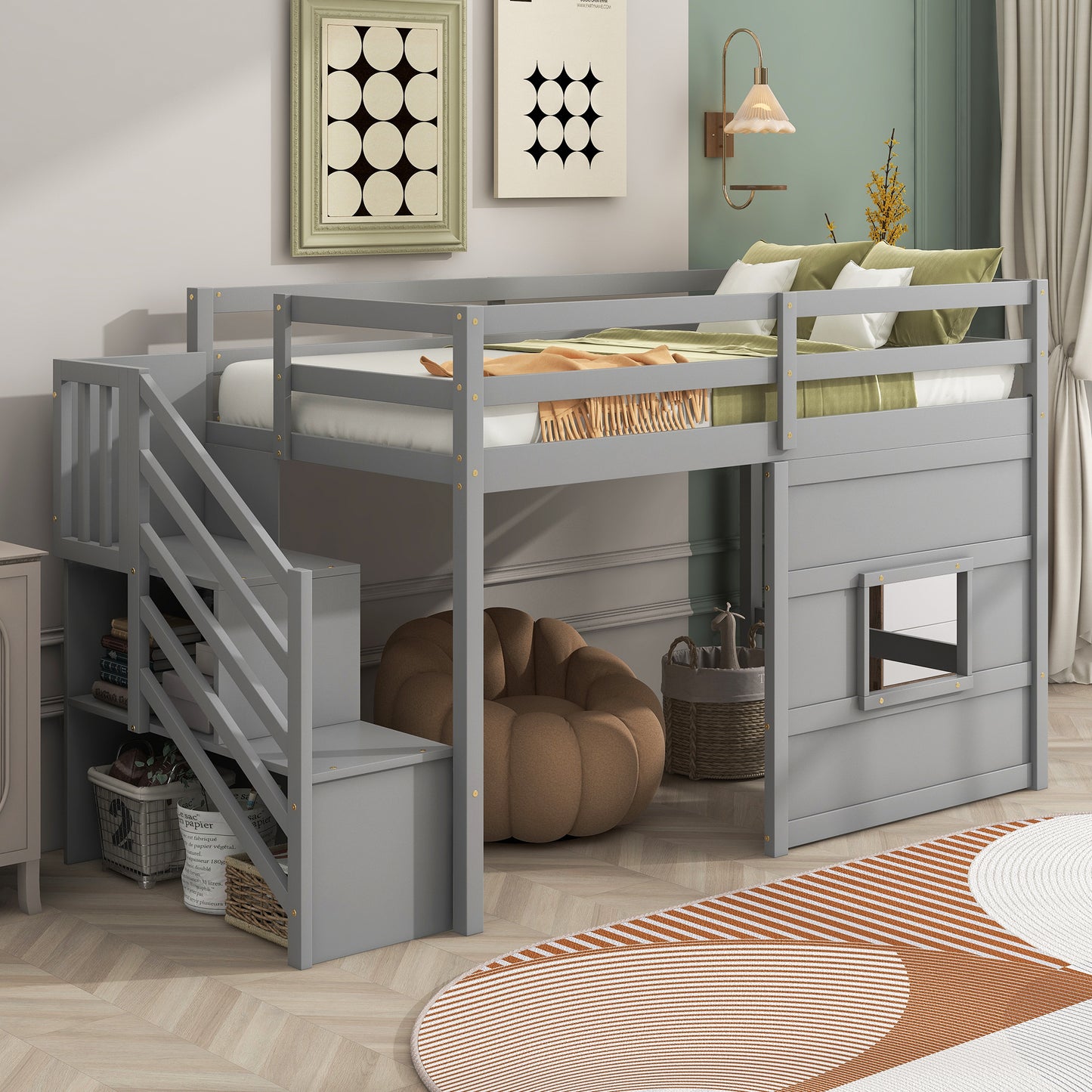 Twin Wood Loft Bed with Storage Staircase and LED Light in Gray for Bedroom