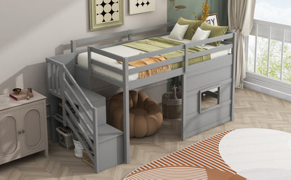 Twin Wood Loft Bed with Storage Staircase and LED Light in Gray for Bedroom