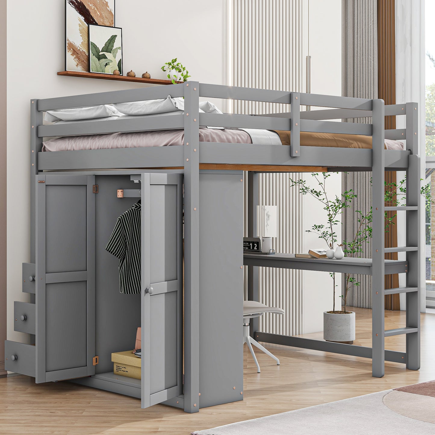 Full Size Loft Bed Frame - Gray with Wardrobe & Desk for Bedroom