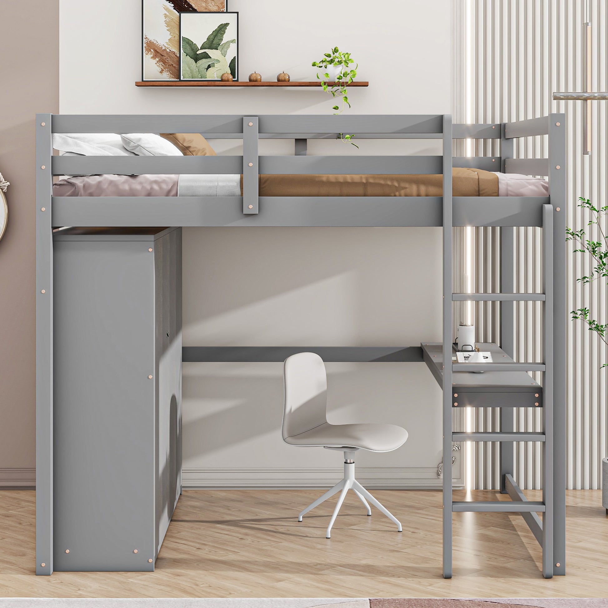 Full Size Loft Bed Frame - Gray with Wardrobe & Desk for Bedroom