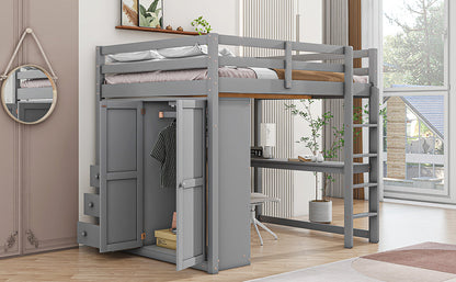 Full Size Loft Bed Frame - Gray with Wardrobe & Desk for Bedroom
