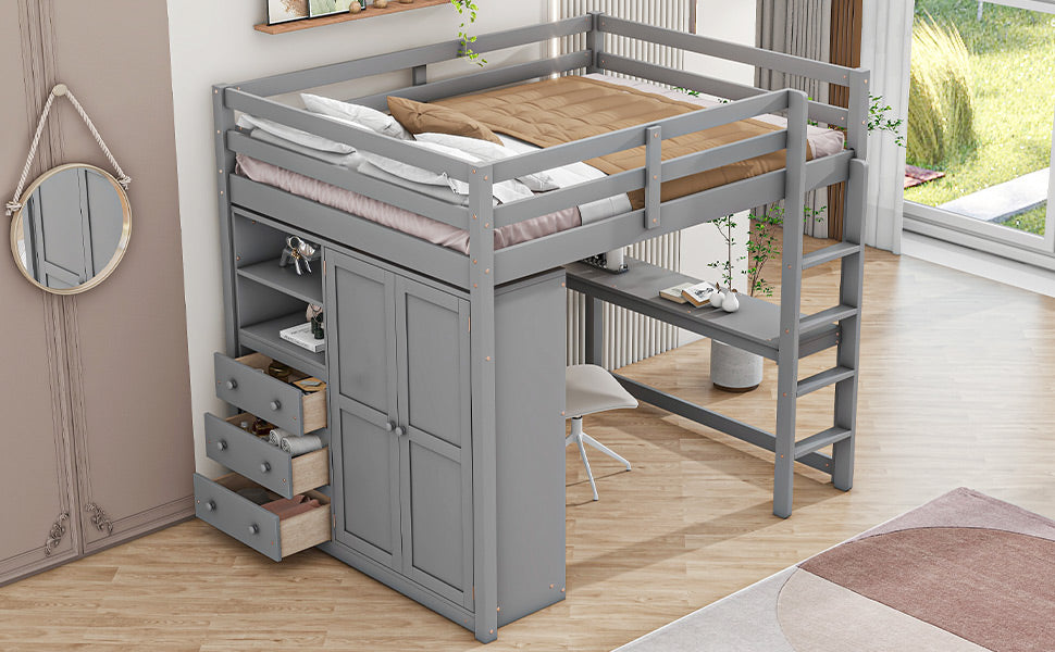 Full Size Loft Bed Frame - Gray with Wardrobe & Desk for Bedroom