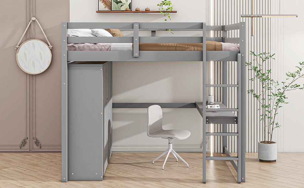 Full Size Loft Bed Frame - Gray with Wardrobe & Desk for Bedroom