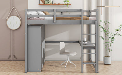 Full Size Loft Bed Frame - Gray with Wardrobe & Desk for Bedroom