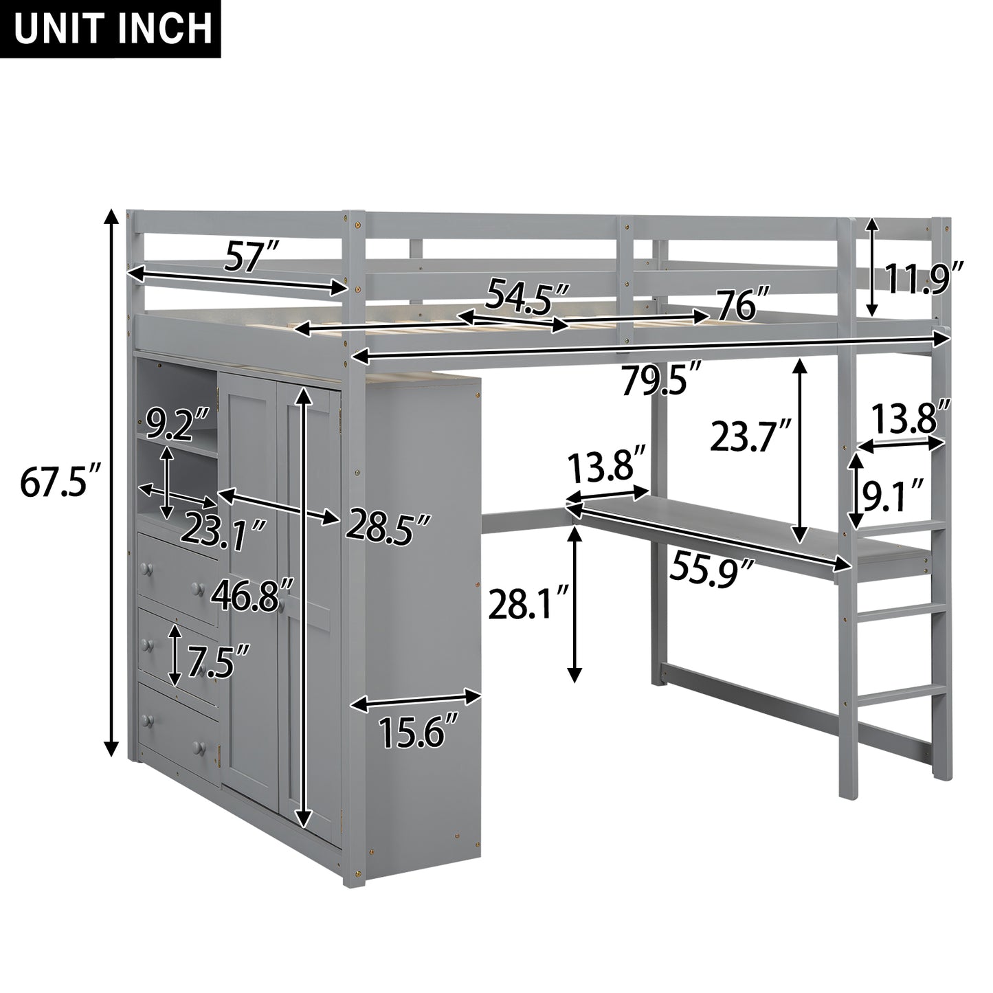 Full Size Loft Bed Frame - Gray with Wardrobe & Desk for Bedroom