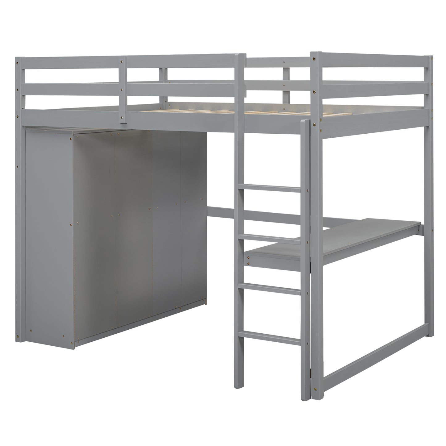 Full Size Loft Bed Frame - Gray with Wardrobe & Desk for Bedroom