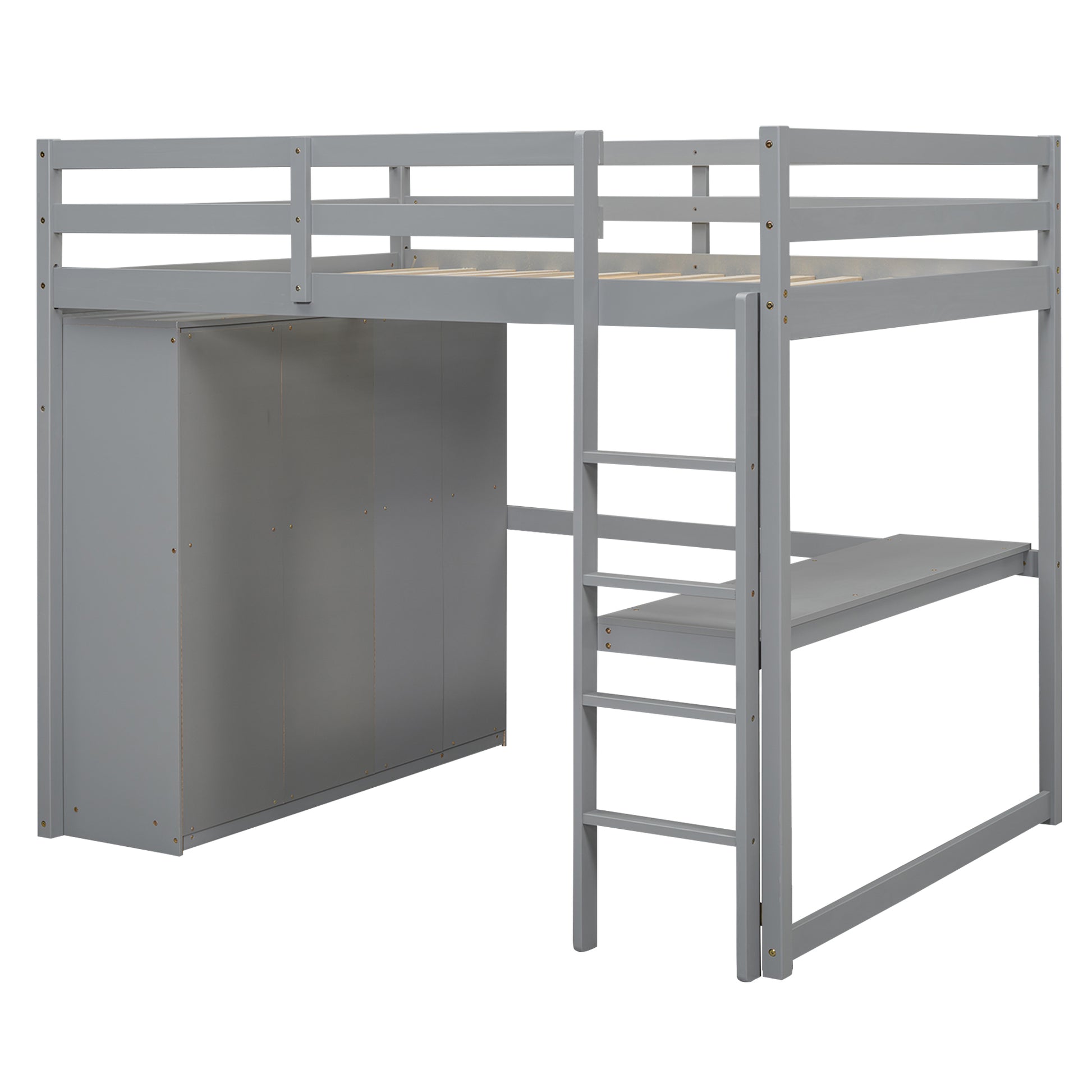 Full Size Loft Bed Frame - Gray with Wardrobe & Desk for Bedroom