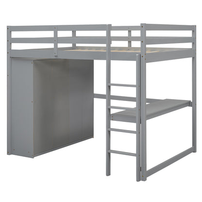 Full Size Loft Bed Frame - Gray with Wardrobe & Desk for Bedroom