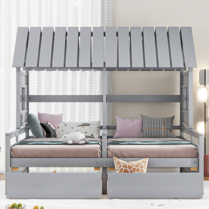 Twin Size House Platform Bed - Gray with Drawers