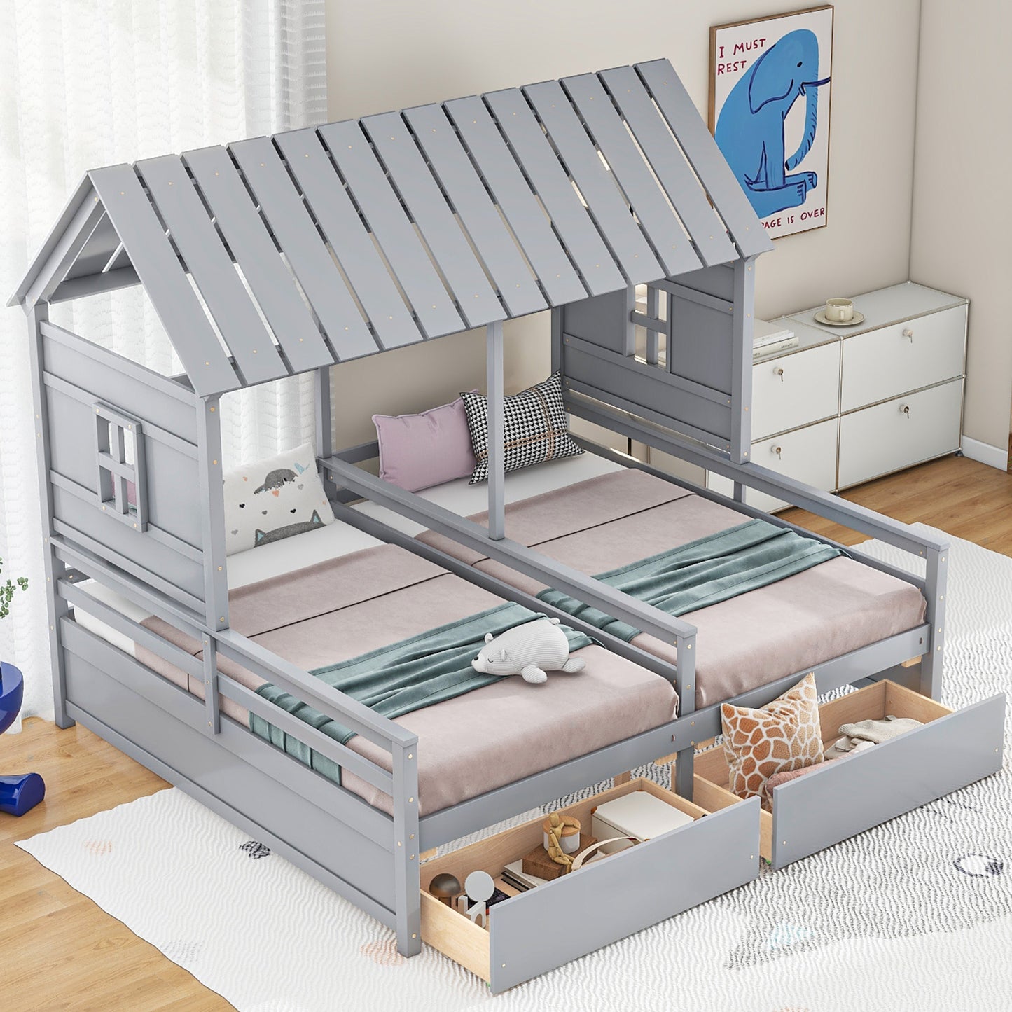 Twin Size House Platform Bed - Gray with Drawers
