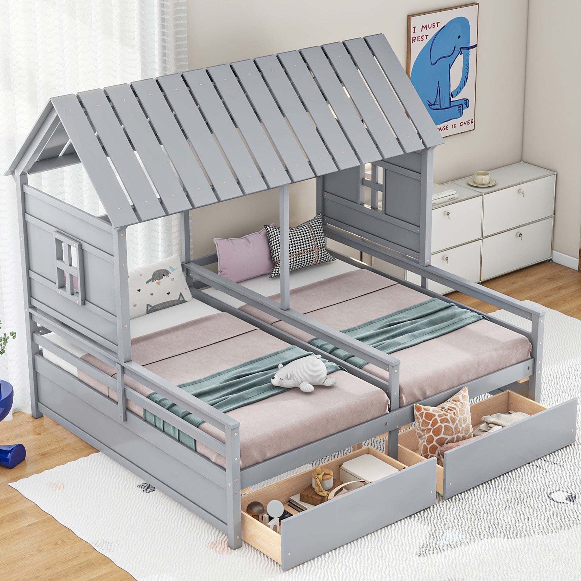 Twin Size House Platform Bed - Gray with Drawers