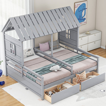 Twin Size House Platform Bed - Gray with Drawers