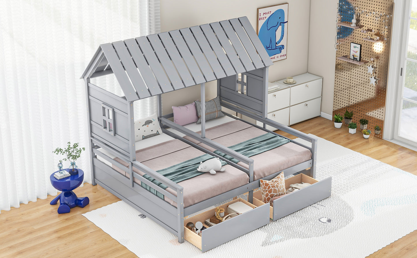 Twin Size House Platform Bed - Gray with Drawers