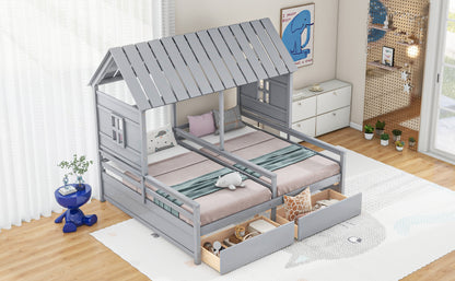 Twin Size House Platform Bed - Gray with Drawers